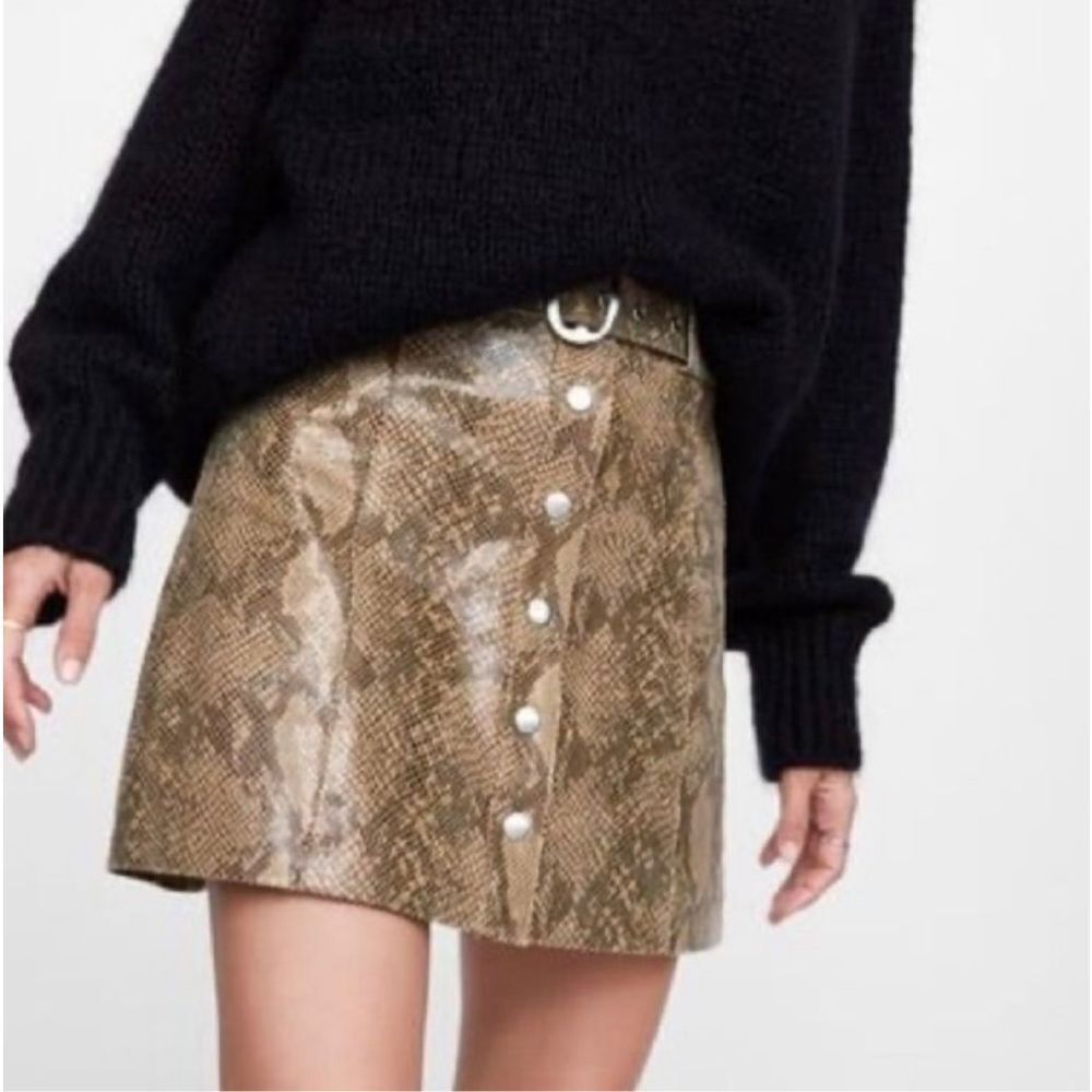 Zara Faux Leather Skirt Hogh Rise Snakeskin Front Button Neutral Tan Brown Belte